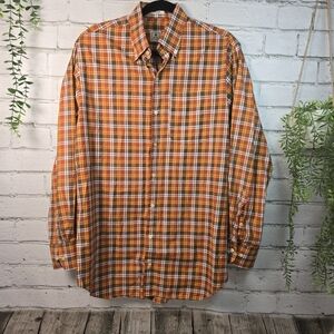 PETER MILLAR LONG SLEEVE BUTTON DOWN ORANGE BROWN PLAID MENS MED EUC